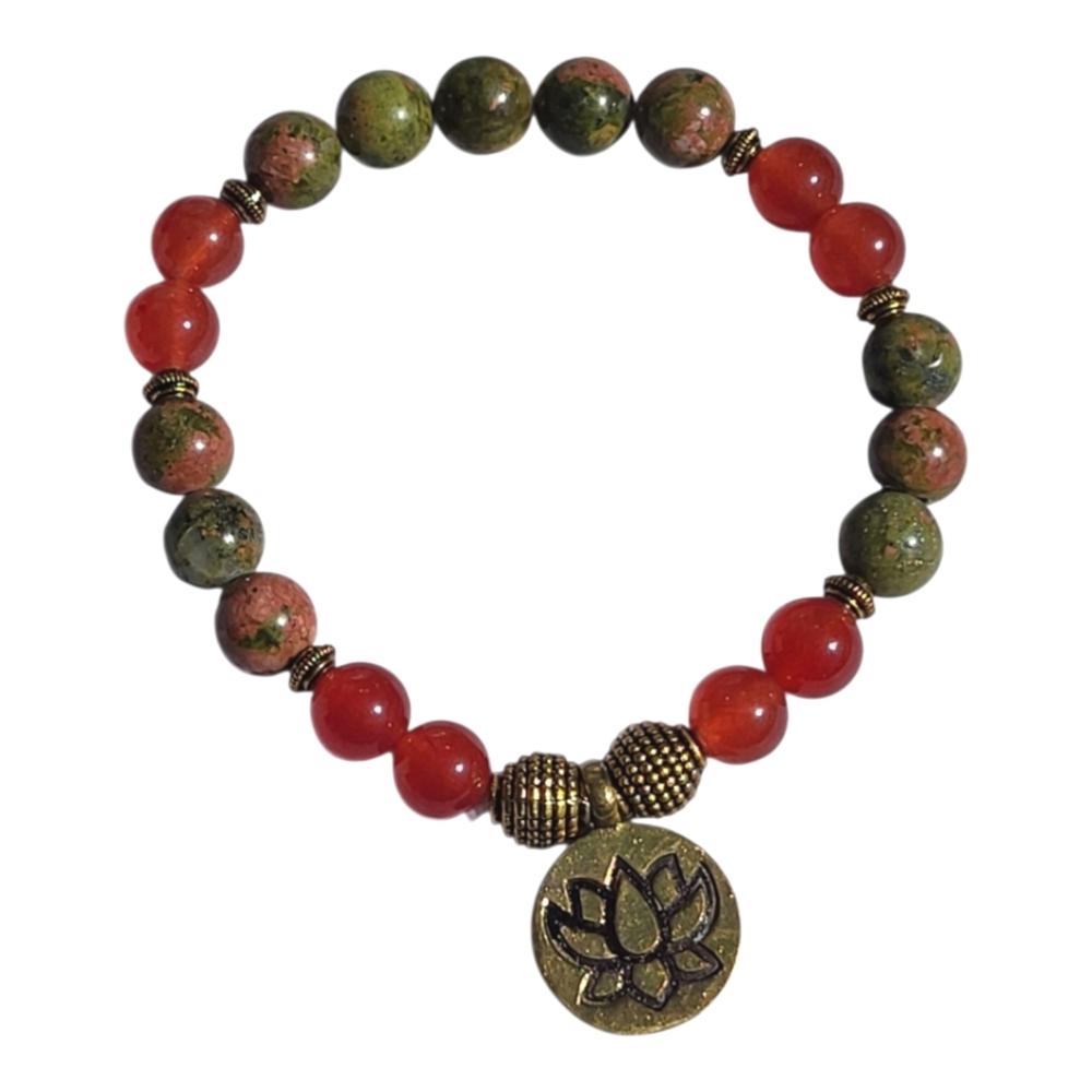 Striking Unakite Carnelian Bead Stretch Bracelet with Lotus Charm - Size 6.5